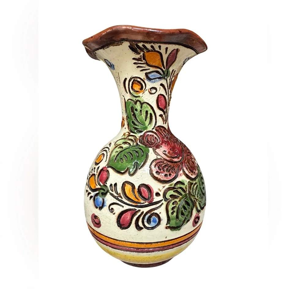 Vintage Hand Painted Italian Pottery 8” Vase with Floral Design
